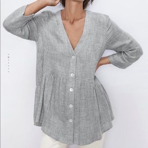 ZARA grey button up babydoll top tunic